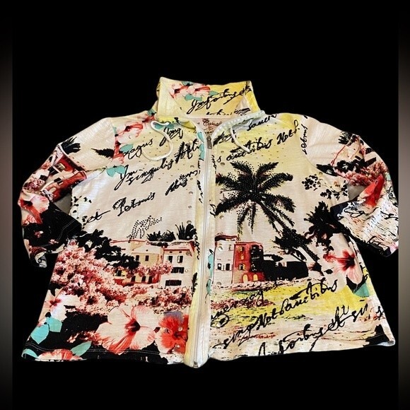 Onque Casuals tropical zip 3/4 sleeve shirt jacket rhinestone palm trees L - Picture 10 of 11